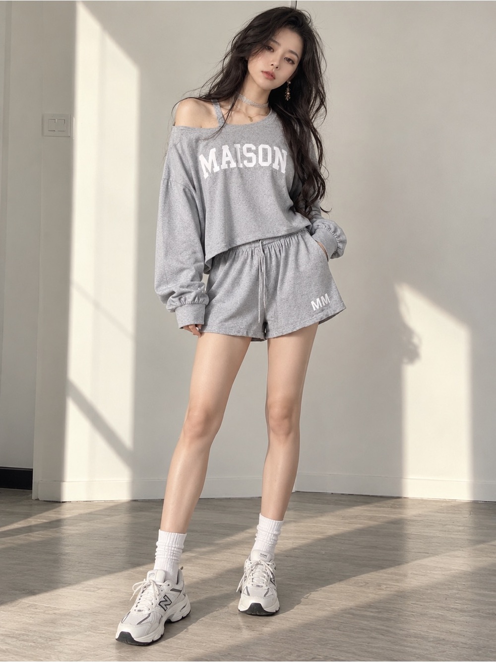 Gray “MASION” Lounge Set • Long Sleeve Top & Drawstring Shorts • 2-Piece